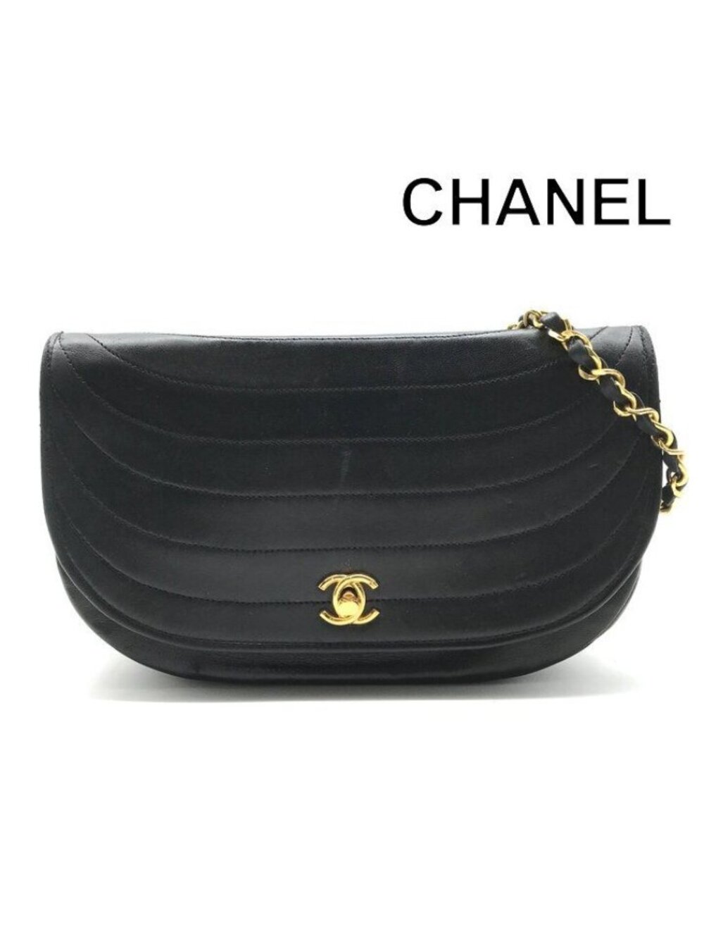 Chanel CC Logo Half Moon Turnlock Leather Chain Shoulder Bag Black